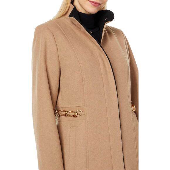 Vince Camuto Camel Wool Coat L NWT | Chain Detail Stand Collar Overcoat - Picture 3 of 10